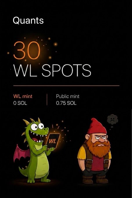 A promotional graphic for "Quants" announces 30 whitelist spots, with a free WL mint (0 SOL) and a public mint for 0.75 SOL. The image features a cheerful green dragon holding a "WL" card next to a grumpy dwarf, visually contrasting the lucky whitelist holders with the unfortunate public minters, matching the collaboration announcement with @nftquants.