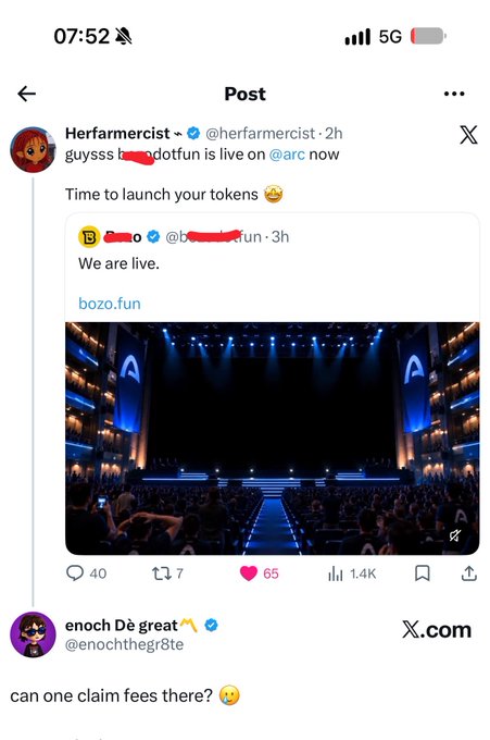 The image shows a screenshot of a tweet by @herfarmercist that reads "guysss bozodotfun is live on @arc now. Time to launch your tokens 😭," quoting @bozo.fun announcing "We are live." with a stage image, supporting the post's caption about launchpads on Arc being exploited as the platform goes live for token launches.