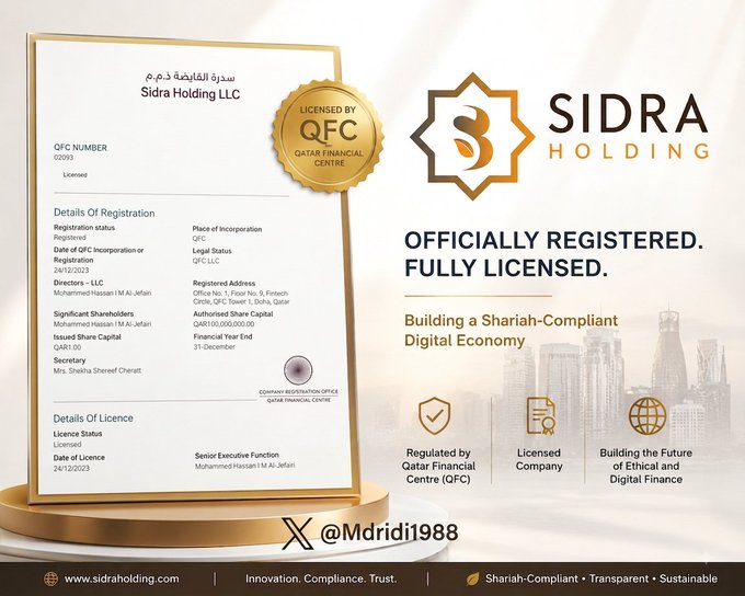 Sidra Holding LLC is shown as “officially registered, fully licensed” by the Qatar Financial Centre (QFC), with QFC number 102093 and a license date of 24/12/2023. The graphic promotes a regulated, transparent, Shariah-compliant digital economy and includes “@Mdid1988,” “www.sidraholding.com,” and the hashtags #SidraChain #Crypto #Fintech #Blockchain #Web3.