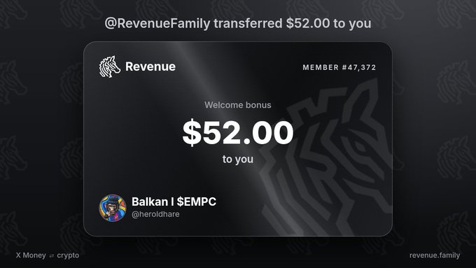 A digital payment notification showing '@RevenueFamily transferred $52.00 to you' as a welcome bonus, with 'revenue.family' branding visible.