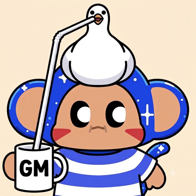 A cartoon illustration of a cute monkey character with a white bird (resembling a dove) on its head, drinking from a straw in a white mug labeled 'GM', wearing a blue striped shirt against a beige background.