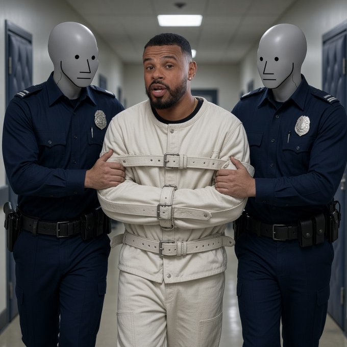A man in a white restraint suit is escorted down an institutional hallway by two masked police officers.
