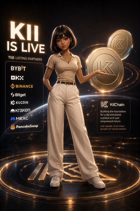 A promotional graphic announcing 'KII IS LIVE' featuring a stylized 3D animated woman in a beige outfit holding a large KiiChain coin, listing TGE listing partners including Bybit, OKX, Binance, Bitget, KuCoin, Kraken, MEXC, and PancakeSwap.