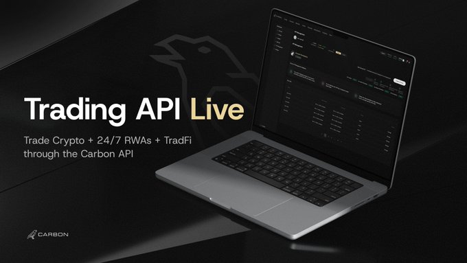 An advertisement for "Trading API Live" by Carbon, offering Crypto + 24/7 RWAs + TradFi trading through the Carbon API, displayed on a laptop screen.
