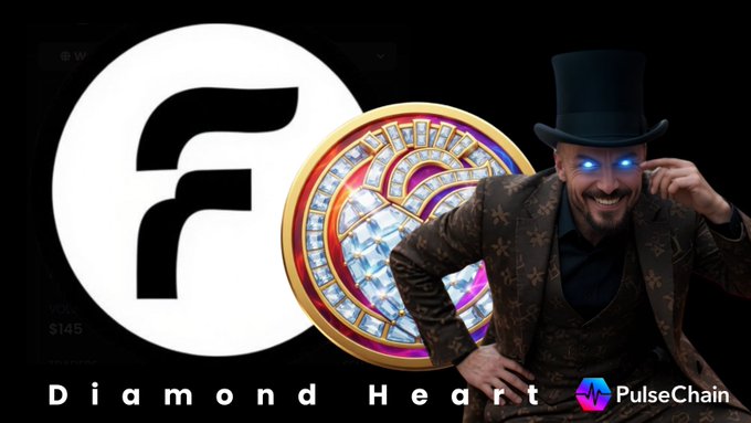 A promotional graphic features a large white circle with the letter 'F' logo, a diamond-encrusted heart emblem, and a man in a top hat with glowing blue eyes, with text reading 'Diamond Heart' and a 'PulseChain' logo.
