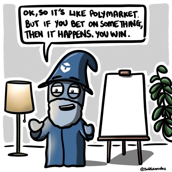 A cartoon wizard wearing a blue robe with the TrueUSD (TUSD) logo on his hat stands next to a blank easel, saying "OK, SO IT'S LIKE POLYMARKET. BUT IF YOU BET ON SOMETHING, THEN IT HAPPENS. YOU WIN." — humorously suggesting the Trueo thesis holds that simply betting on or backing an outcome makes it reality, like a self-fulfilling prediction market.