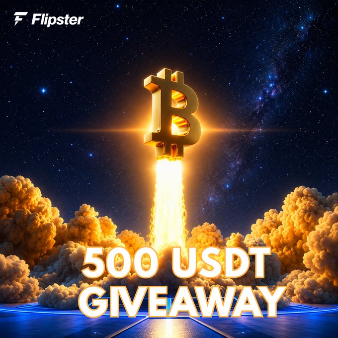 A promotional graphic from Flipster featuring a 3D Bitcoin rocket blasting off, advertising a '500 USDT GIVEAWAY' against a starry background.