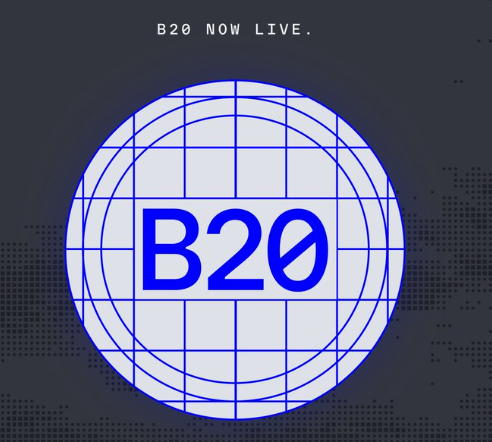 A graphic with a blue and white globe illustration displaying the text 'B20' in the center and 'B20 NOW LIVE.' at the top.
