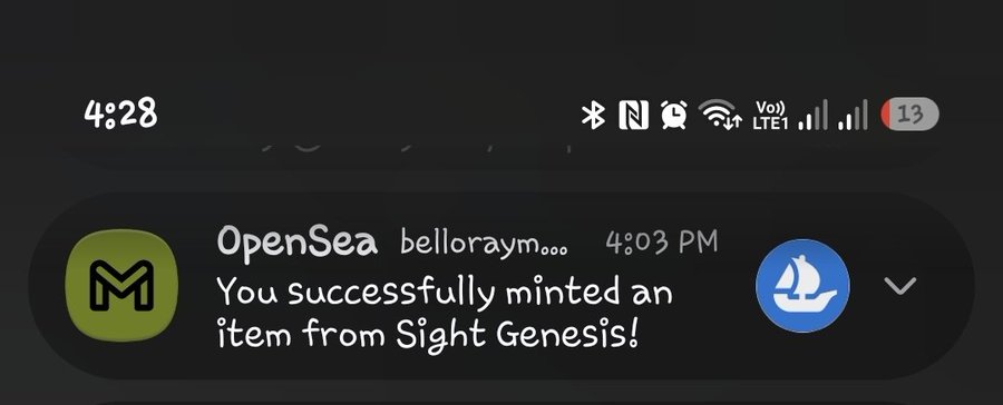 A smartphone notification screenshot showing a timestamp of 4:28, with a push notification from OpenSea at 4:03 PM stating 'You successfully minted an item from Sight Genesis!' alongside an ENS name 'belloraym.eth'.