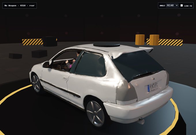 A screenshot from a video game showing a white hatchback car (license plate 'V-R2') parked on a circular platform in a dimly lit garage area, with UI elements reading 'No Weapon - HIGH - rear' and 'ANGLE: REAR'.
