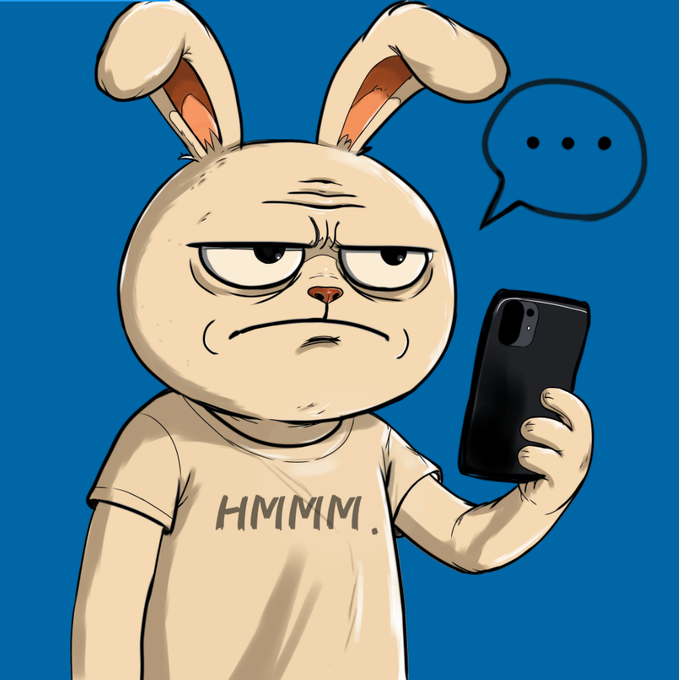 A cartoon illustration of a grumpy-looking rabbit wearing a t-shirt that says 'HMMM.' while holding a black smartphone, with a speech bubble containing three dots indicating a pause in texting.