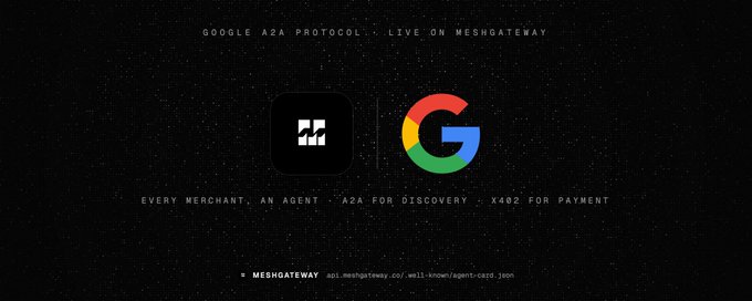 A dark promotional graphic for MeshGateway features the Google "G" logo beside the MeshGateway "m" logo, with the headline "GOOGLE A2A PROTOCOL · LIVE ON MESHGATEWAY" and the tagline "EVERY MERCHANT, AN AGENT · A2A FOR DISCOVERY · X402 FOR PAYMENT" along with the URL api.meshgateway.co/.