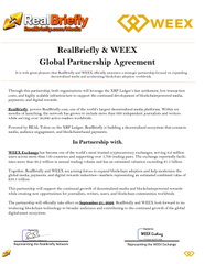 The image is a "REAL BRIEFLY & WWEX Global Partnership Agreement" infographic announcing a collaboration between Real Briefly's XRP Ledger-based decentralized network and WWEX, highlighting a $38.5 trillion market opportunity and a September 28 listing date for the REAL token on a global exchange, as referenced in the accompanying post.