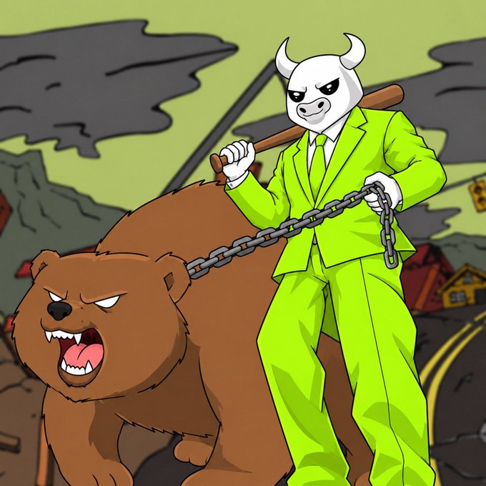 A cartoon illustration of a character in a green suit wearing a white bull mask, riding a snarling brown bear while holding a baseball bat and chain.