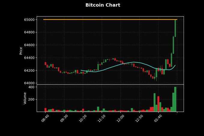 A candlestick chart titled "Bitcoin Chart" shows Bitcoin's price surging to approximately $65,000 in the final hour of trading, with a notable spike in volume accompanying the breakout above the orange resistance line near the 65,000 price level.
