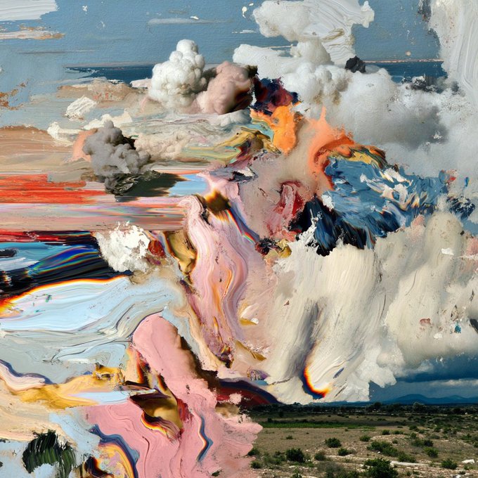 An abstract, swirling composition of colorful, marbled paint in shades of pink, white, blue, and brown overlays a photographic background of a desert landscape.
