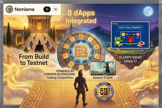 The image features an advertisement for a video game called "PerX", which appears to be a trading card game. The poster showcases the game's interface with a character standing at the center, surrounded by various elements such as a castle, mountains, and a clock. The text on the poster highlights that the game is available for download from the website "Nomisma" and offers an integrated testing platform called "Chrome PowerUp". It also mentions that the game supports trading card games like "DEX", which could be related to the character in the image.