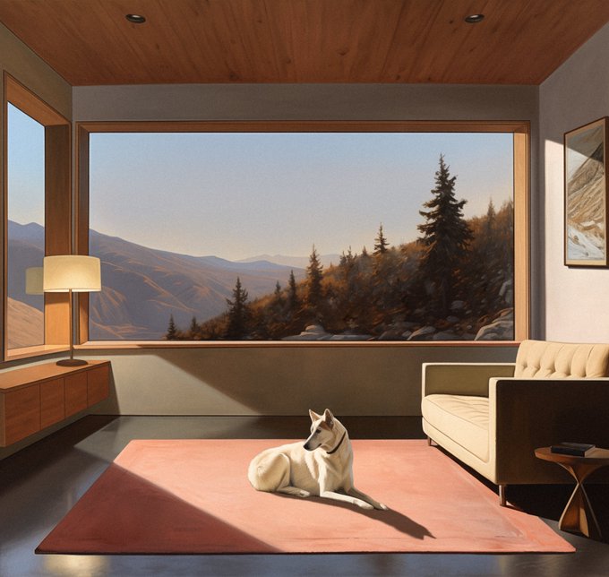 A digital painting of a dog lying on a pink rug in a mid-century modern room with a large window overlooking a mountain landscape.