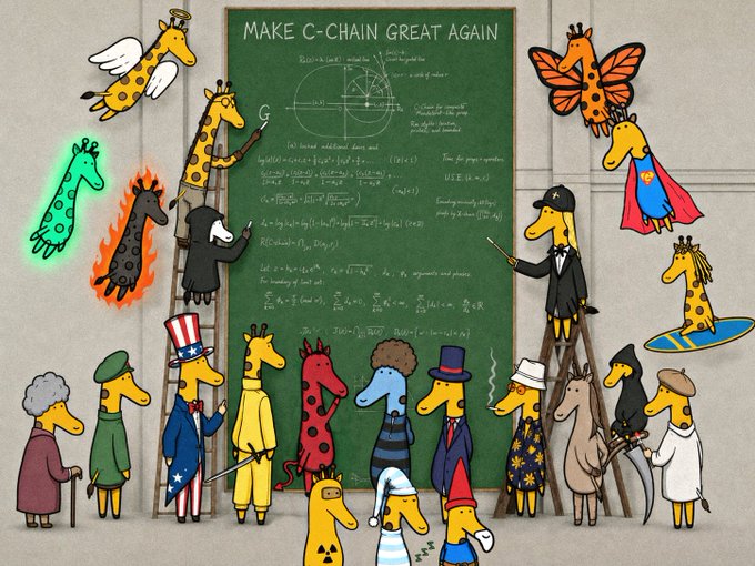 A whimsical illustration of giraffes as scholars and superheroes gathered around a chalkboard labeled 'MAKE C-CHAIN GREAT AGAIN' filled with complex equations.