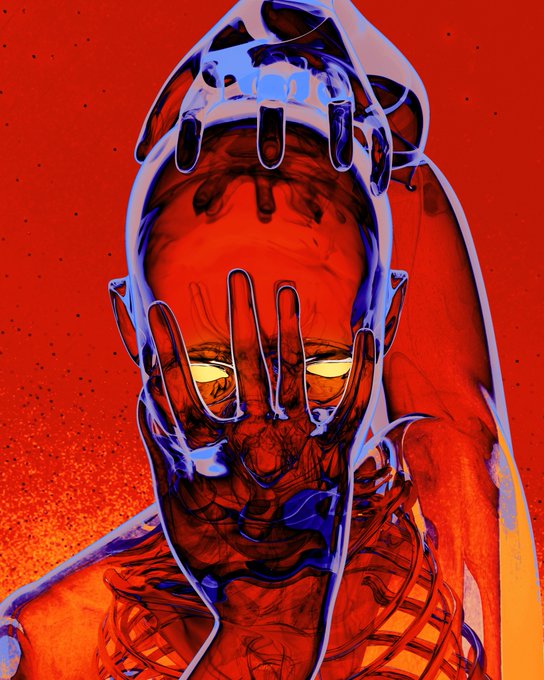 A red-toned digital illustration of a horned humanoid figure with glowing yellow eyes and a hand raised in front of its face.