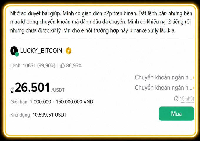 The image shows a Binance P2P trading interface in Vietnamese, featuring a verified seller named "LUCKY_BITCOIN" (99.90% completion rate, 86.95% positive feedback) selling 26,501 USDT with a price range of 1,000,000 - 150,000,000 VND, alongside a complaint about a buyer marking payment as transferred when funds were never received and an unresolved dispute. The screenshot illustrates the post's topic about P2P trading risks, specifically highlighting a case where the seller needs advice on how long Binance typically takes to resolve a payment dispute.