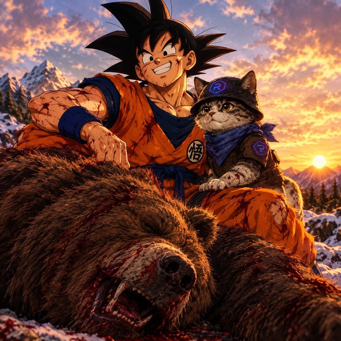 An anime-style illustration showing a battered Goku in an orange gi sitting triumphantly next to a cat wearing a hat and glasses, both positioned on a defeated brown bear against a sunset mountain backdrop.