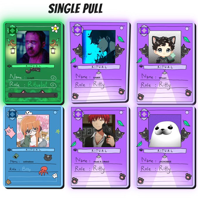 A 'SINGLE PULL' results screen from a gacha-style game showing six 'RITUAL' character cards for users like 'iLoyD', 'SAMIR', 'Whuan', 'celineboo', '.HeatXI/Web3', and 'JACKOBEE'.