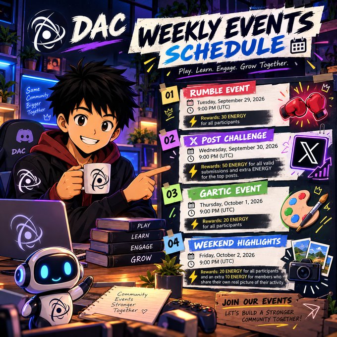 An anime-style promotional graphic titled 'DAC WEEKLY EVENTS SCHEDULE' listing four events: Rumble Event, X Post Challenge, Gartic Event, and Weekend Highlights, each with ENERGY rewards.