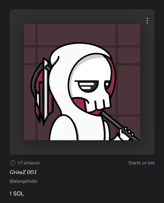 An NFT listing titled "GrimZ 001" by @alangstudio, showing a 1/1 artwork of a stylized white skull-like figure holding a scythe, priced at 1 SOL.