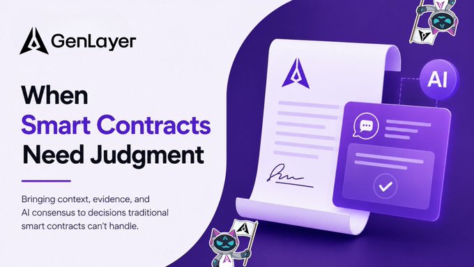 An advertisement for 'GenLayer' featuring the headline 'When Smart Contracts Need Judgment' with the subtext 'Bringing context, evidence, and AI consensus to decisions traditional smart contracts can't handle.'
