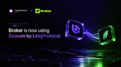 A digital graphic announces 'Broker is now using Beacon by LingProtocol,' featuring glowing purple and green cube logos on a dark background.