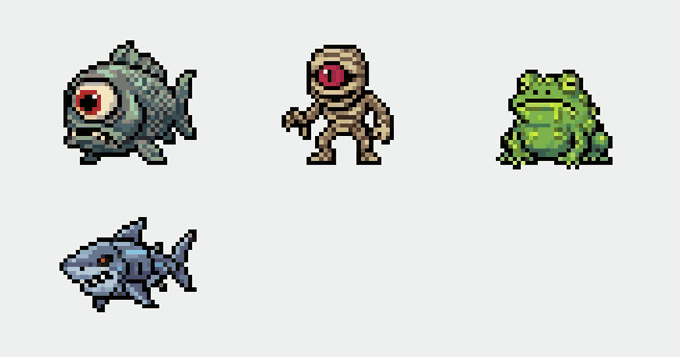 Pixel art sprites depict a blue cyclops fish, a brown alien-like creature, a green frog, and a gray shark on a gray background.
