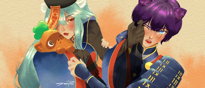 An anime-style illustration depicts a green-haired character with a paper talisman holding a plush toy next to a purple-haired character in dark robes.