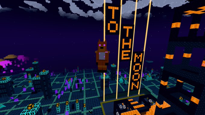 A dark, blocky voxel-style digital landscape with neon orange and purple structures under a starry night sky, featuring a bat-like character and vertical text reading 'TO THEM', 'THE', and 'MOON'.