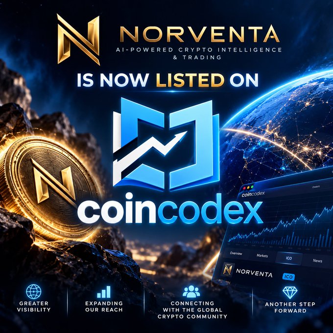 A promotional graphic announcing 'NORVENTA - AI-POWERED CRYPTO INTELLIGENCE & TRADING IS NOW LISTED ON coincodex,' featuring a golden Norventa coin and a trading chart.