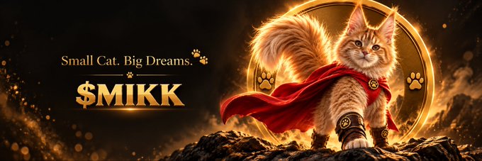 A promotional banner features a cat wearing a red cape with the text "Small Cat. Big Dreams." and "$MIKK" alongside paw print icons on a fiery golden background.