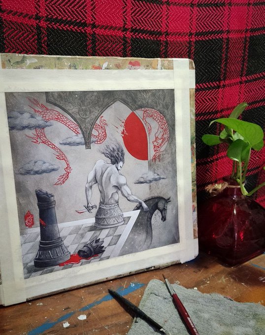 The image shows a framed fantasy illustration titled "The Last Move," depicting a muscular figure playing chess with dragon-like creatures, a blood moon, and a rook piece—matching the artwork referenced in the post celebrating the NFT collector @CollinaCleo_nft. The piece sits on a paint-splattered table alongside brushes and a red glass vase, evoking the artistic dedication behind this GM × SLD collaboration.