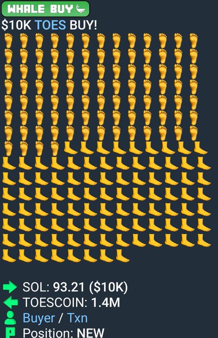 A meme-themed crypto tracker image showing a 'WHALE BUY' of $10K with rows of foot emojis, listing 'SOL: 93.21 ($10K)' and 'TOESCOIN: 1.4M' with a 'NEW' position status.