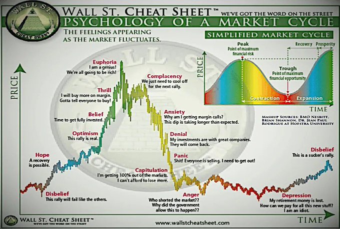 A Wall St. Cheat Sheet infographic titled "Psychology of a Market Cycle" illustrates the emotional stages investors experience as prices fluctuate over time, including Hope, Belief, Optimism, Thrill, Euphoria (at the peak), Complacency, Anxiety, Denial, Panic, Capitulation, Anger, Depression, Disbelief, and Recovery. The post relates by suggesting Bitcoin ($BTC) is currently in the Panic phase, heading toward Capitulation—the lowest emotional point before market recovery.