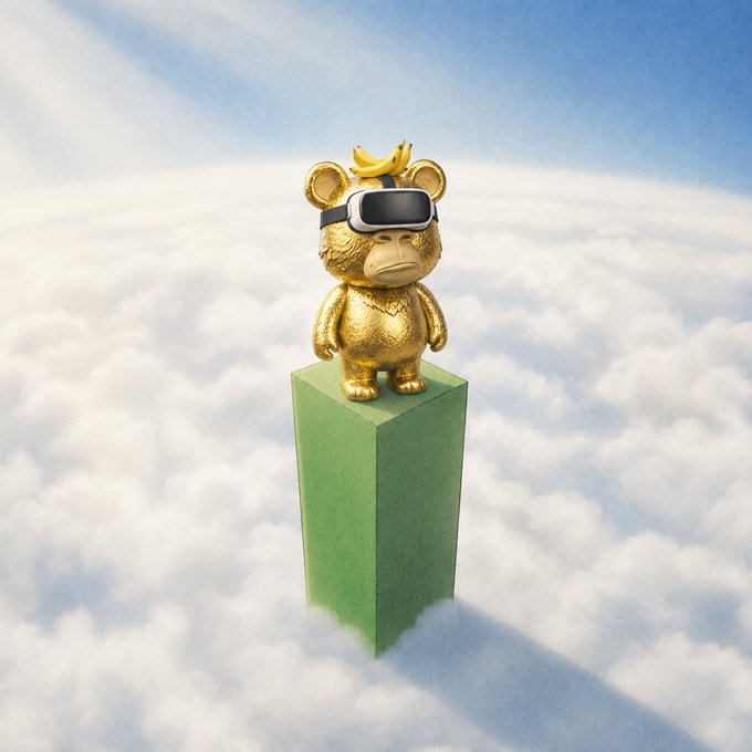 A golden bear figurine wearing a VR headset and topped with a banana stands atop a tall green rectangular pillar rising above the clouds, symbolizing crypto's bullish ascent "to the moon." The image visually reinforces the post's theme of an unstoppable crypto rally, with the green pillar representing rising "green candles" and the elevated bear signifying the downturn being left far below.