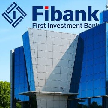 The image shows the modern glass exterior of Fibank (First Investment Bank), featuring the bank's logo and name prominently displayed, visually representing the institution announcing its new Bitcoin and crypto asset services to over 1 million clients.