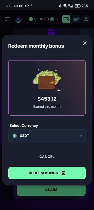 A DegenCity pop-up shows a redeemable monthly bonus of **$453.12** earned this month, with **USDT** selected and a “REDEEM BONUS” button. It relates to the **$50 x 2 giveaway** promotion and monthly bonus claims via **CODE JAMMMY** at **degencity.com/r/jammmy**.