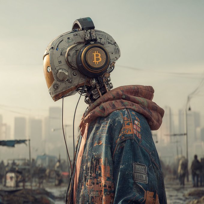 A person in a colorful hoodie and metallic headphones featuring a prominent Bitcoin (₿) logo stands in a hazy, post-apocalyptic urban landscape.