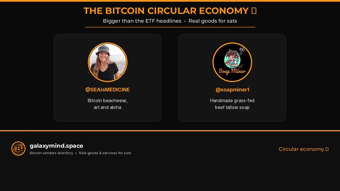 A webpage titled 'THE BITCOIN CIRCULAR ECONOMY' with subtitle 'Bigger than the ETF headlines · Real goods for sats,' featuring two vendor profiles: @SEAsMEDICINE offering 'Bitcoin beachwear, art and aloha' and @soapminer1 offering 'Handmade grass-fed beef tallow soap,' with a link to galaxymind.space.