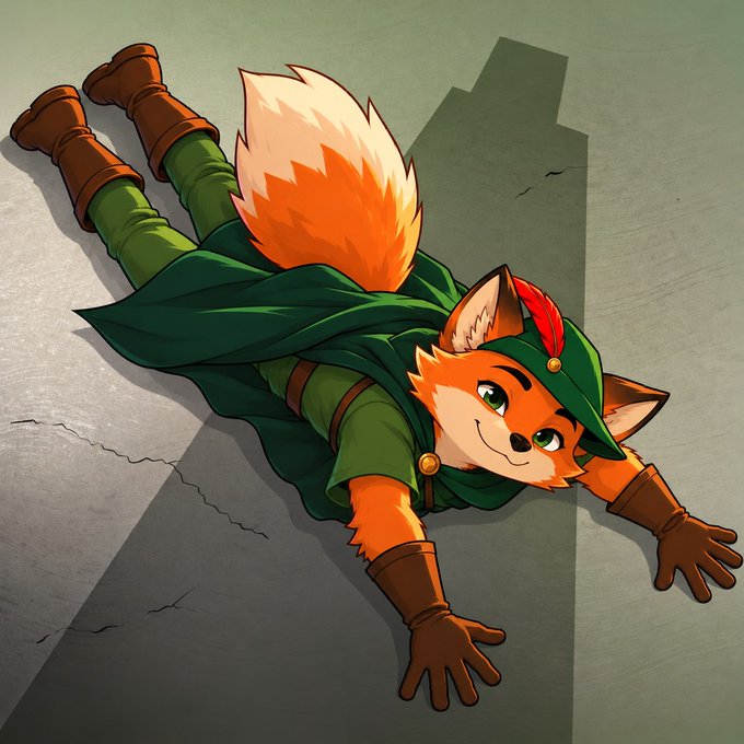 An anime-style illustration of an anthropomorphic orange fox character wearing a green outfit, cape, and hat with a red feather, lying face-down on the ground with a content expression.