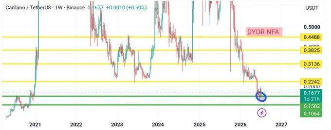 The image is a weekly candlestick chart of Cardano (ADA) against TetherUS (USDT) on Binance, spanning roughly 2021 through 2027, showing several highlighted support levels including the 0.2242 and 0.1677 zones. Price is currently sitting at the 0.1677 weekly demand zone, illustrating the post's point that ADA has been absorbing selling pressure at this lower support after losing the higher 0.2242 range months ago.