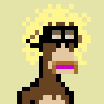 A pixel art portrait of a character with curly blonde hair, sunglasses, and pink lipstick against a yellow background.