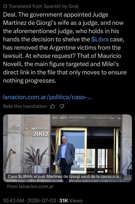 A translated Spanish-language news post about the $Libra case, mentioning Judge Martínez De Giorgi and Mauricio Novelli, with a video thumbnail showing a man exiting a building at Av. Comodoro Py 2002.