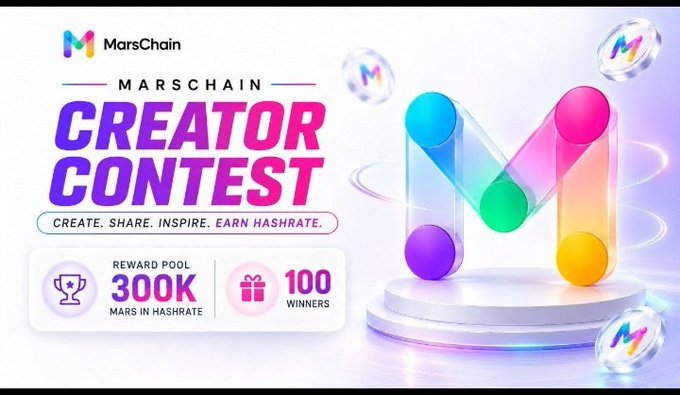 A promotional graphic for the 'MarsChain Creator Contest' offering a reward pool of 300K Mars in HasHRate and 100 winners, featuring a colorful 3D 'M' logo.