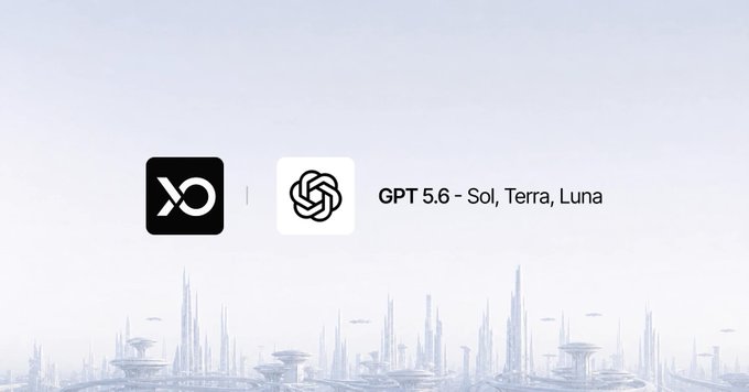 A futuristic cityscape backdrop displays the XONA logo alongside the OpenAI logo, with text announcing "GPT 5.6 - Sol, Terra, Luna," highlighting the new model releases on XONA's inference marketplace.